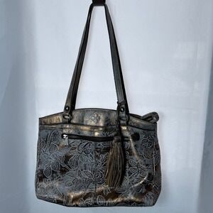 Patricia Nash Metallic Floral Embossed Leather Shoulder Bag Bronze Silver Tassel